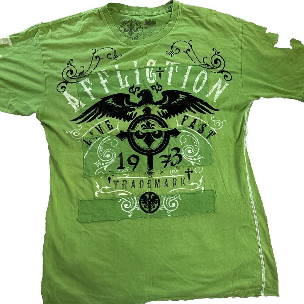 Affliction TShirt Mens Size 3XL distressed Green Short Sleeve